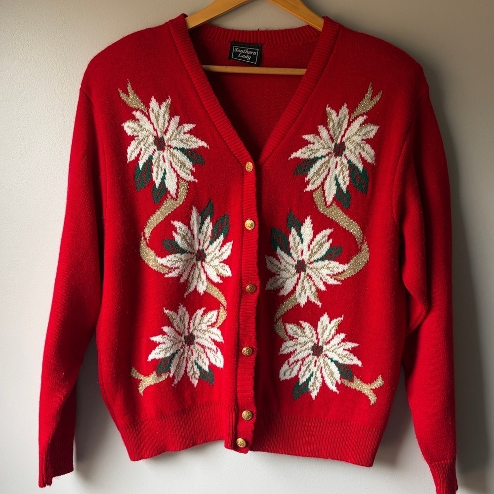 Vintage 90’s Southern Lady Holiday Time Red Floral Cardigan size L
